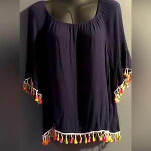 Navy blue shirt with colorful tassels. 🌵🌶🦜“Cinco deMayo” 🪅Celebrate🎊 🌺🌮💃